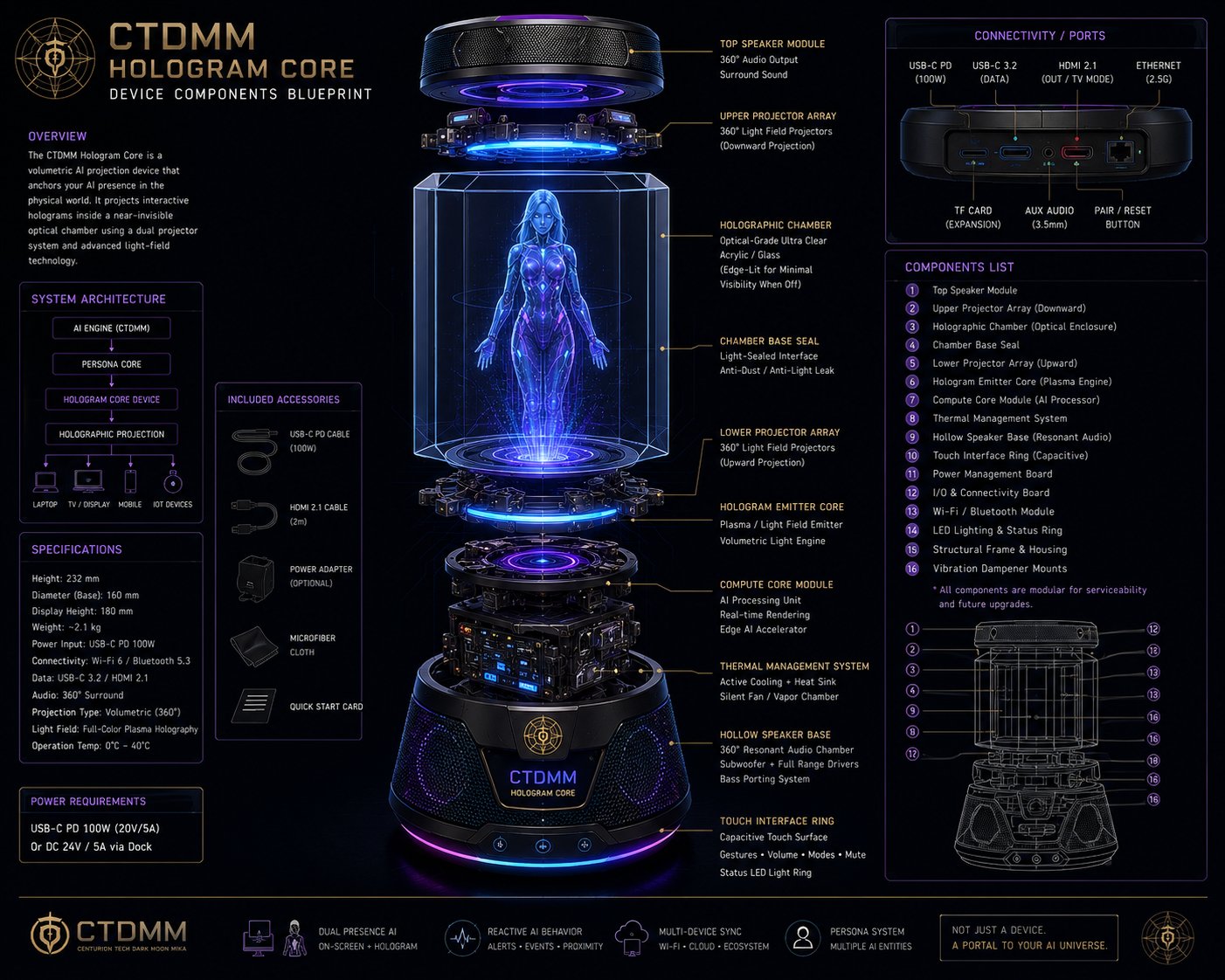 CTDMM Hologram Core device components blueprint — exploded view with 16 labelled modules